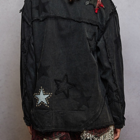 New Pol Denim Shacket Black Button Shirt Women Stars Boho 100% Cotton Denim - Picture 4 of 9